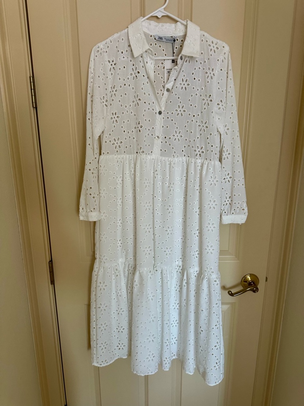 Zara White Eyelet Tiered Maxi Shirt Dress